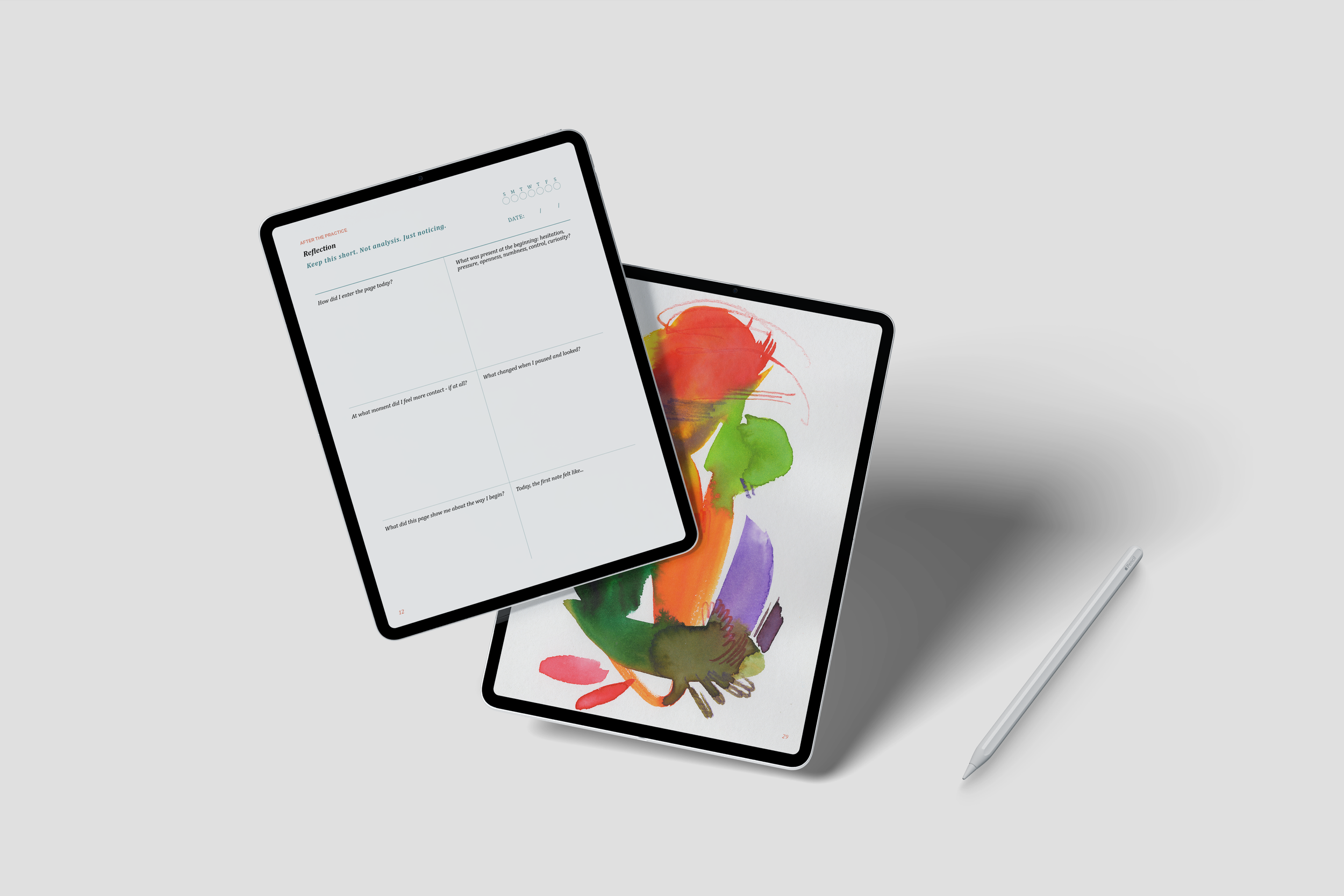An iPad and a stylus on a plain light gray surface. The iPad screen displays a reflection journal page and a colorful watercolor painting of a woman's profile.