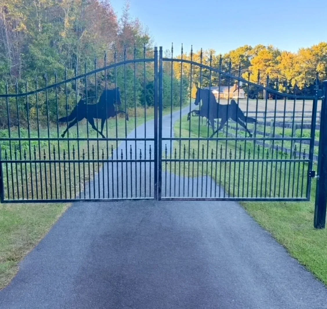 Stunning Estate Iron Gate gate with silhouettes of running horses, opening onto a driveway with grass on either side and trees in the background leading into Fox Meadows Farm Estate.