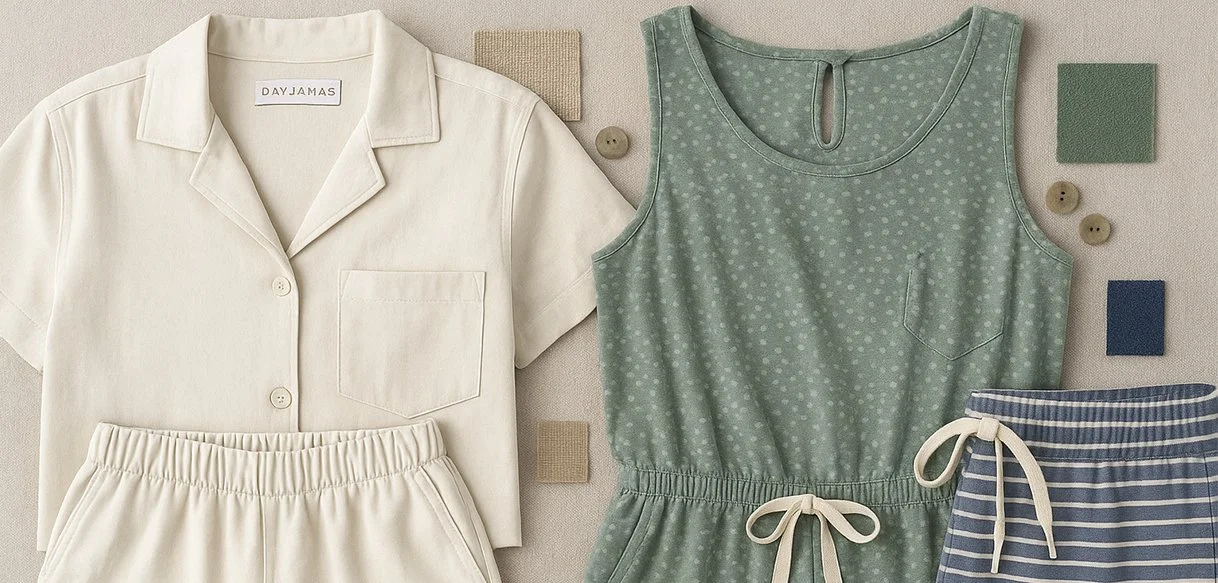 Dayjamas essentials featuring relaxed cuts, soft cottons, and bamboo blend fabrics for everyday comfort.