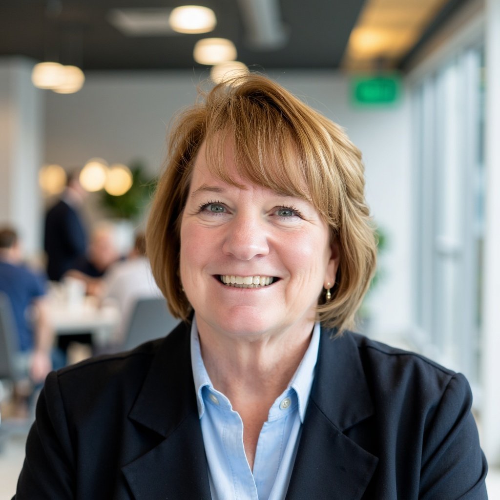 Smiling middle-aged woman with short red hair, wearing a black blazer and blue collared shirt, in a bright, modern office setting.