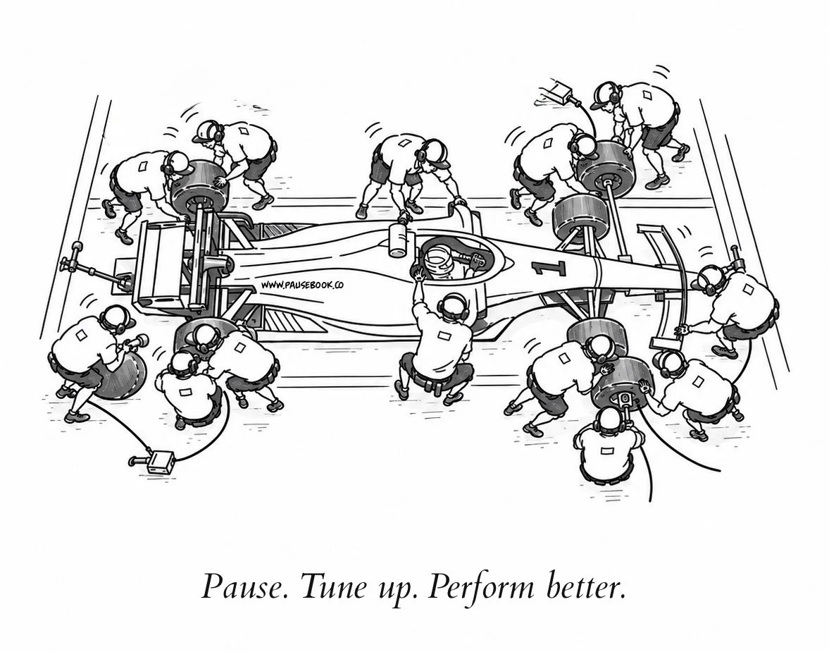Black-and-white pit stop illustration for Pause: How to Lead Brilliant Work in a Busy World by Shawn Vanderhoven with Anne Vanderhoven, showing a race crew fine-tuning a car for better performance.