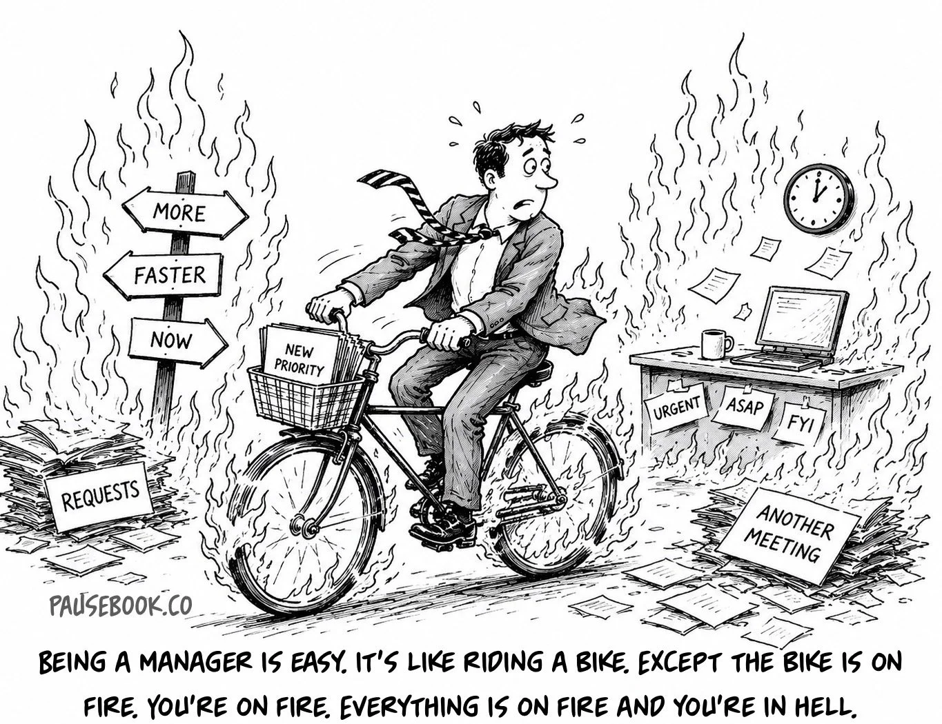 Cartoon of an overwhelmed manager riding a burning bicycle through workplace demands, including urgent requests, new priorities, and meetings.