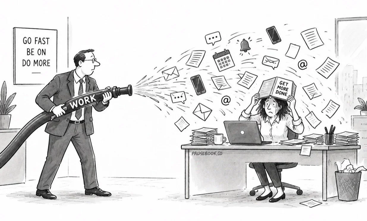 Cartoon for Pause: How to Lead Brilliant Work in a Busy World showing a manager spraying an employee with a fire hose of work, emails, messages, and notifications while she shields herself with a productivity book.