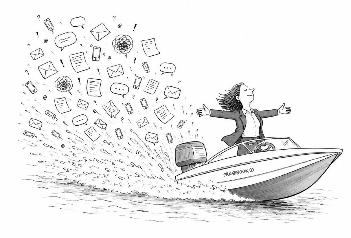 Cartoon for Pause: How to Lead Brilliant Work in a Busy World showing a leader in a speedboat leaving a digital wake of emails, messages, phones, and notifications behind her.