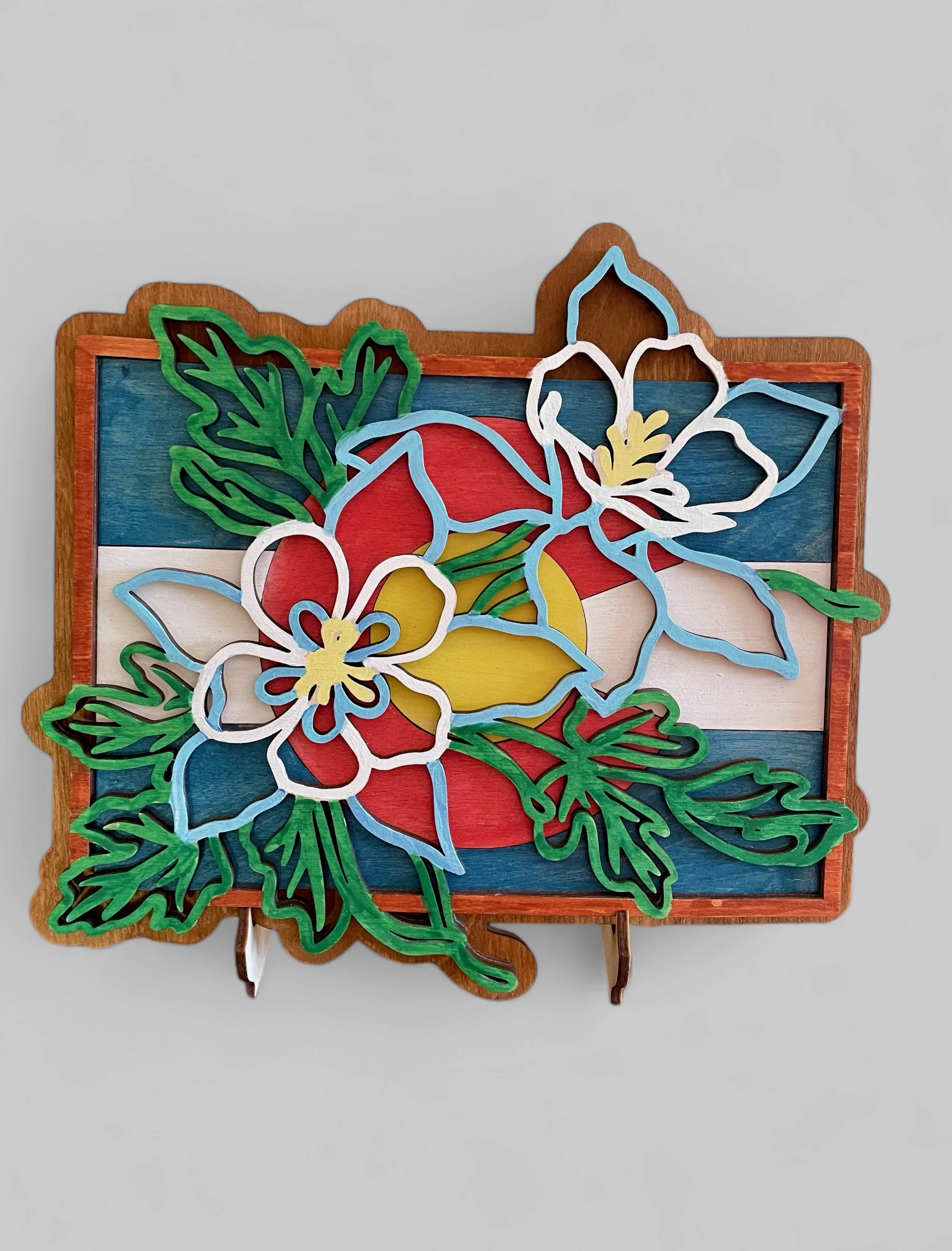 Colorado State Flag & Columbine Layered Wood Art. Available in two sizes.