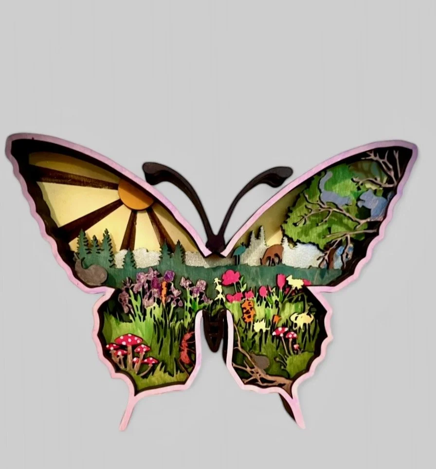 Meadow Scene Butterfly Layer Wood Art. Available in two sizes.
