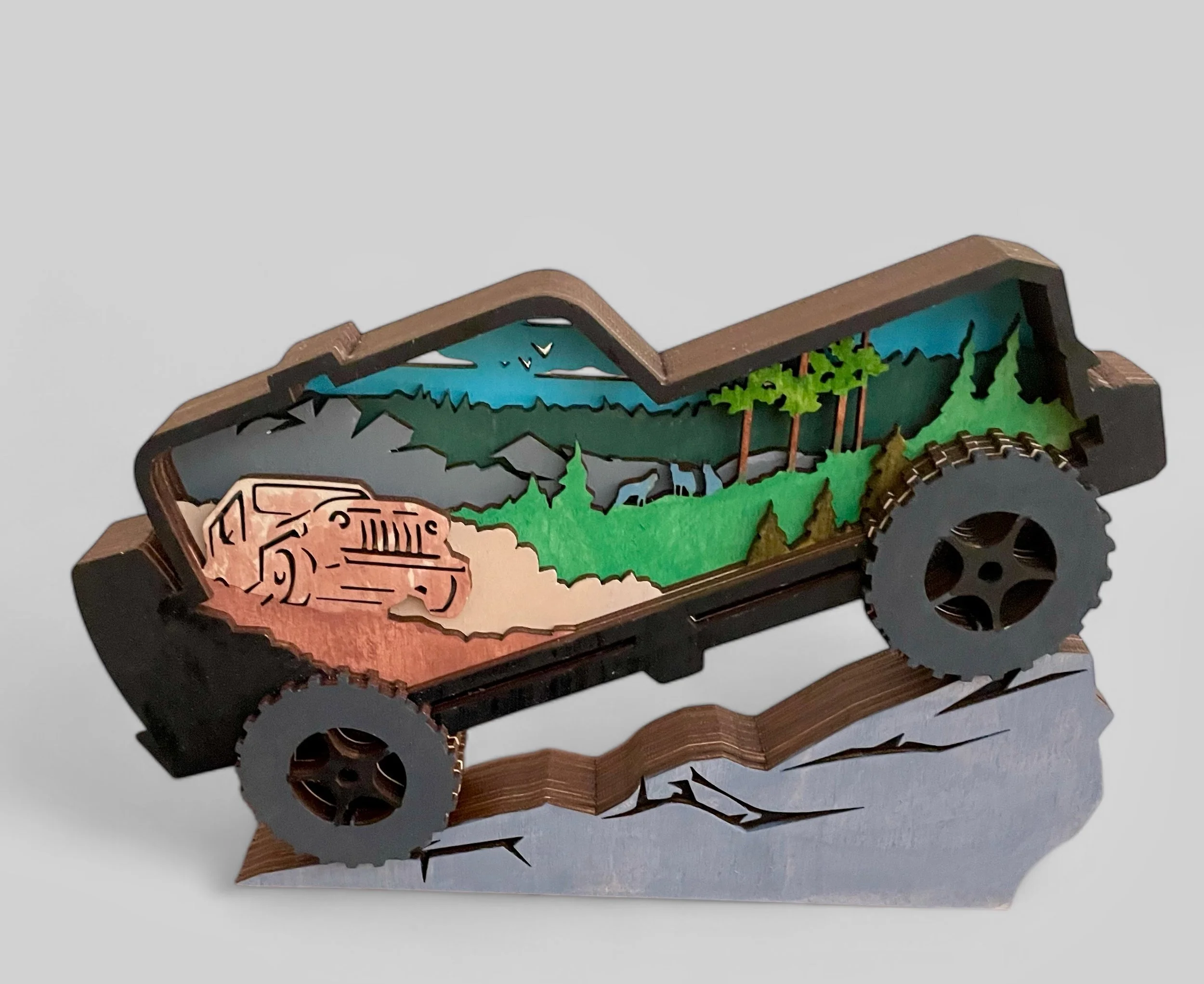 Off Roading Jeep Layered Wood Art. Customizable, available in two sizes.