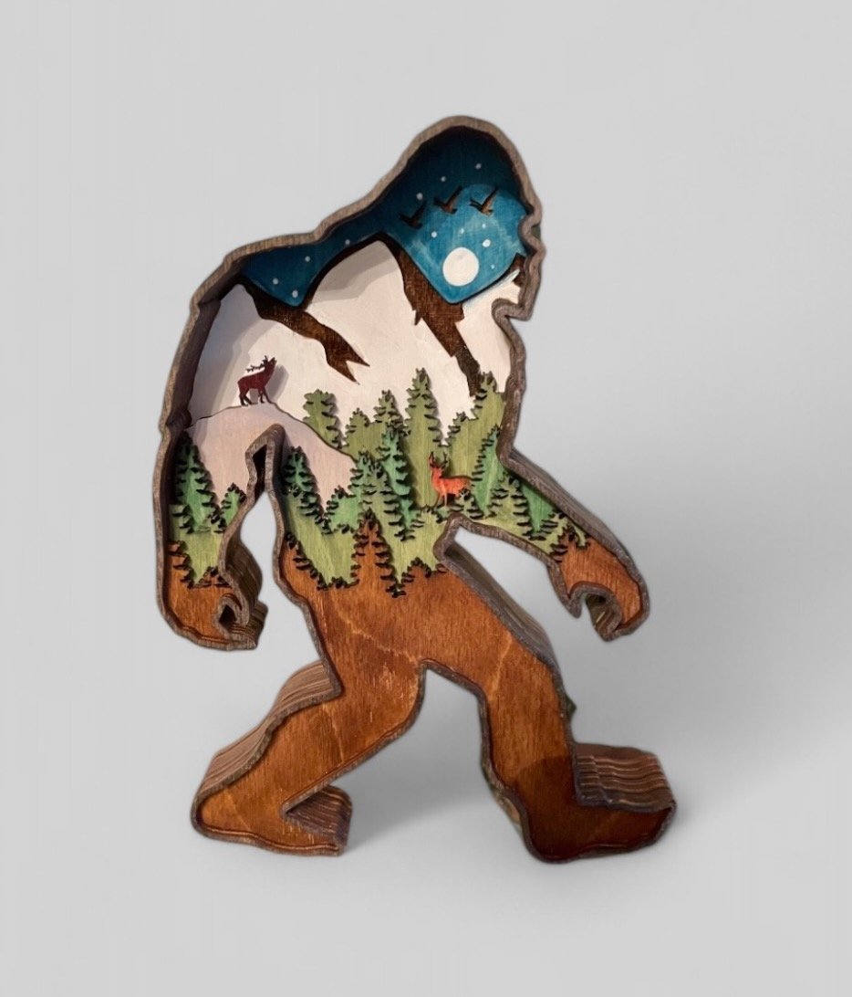 Big Foot Night Forest Layered Wood Art. Available in two sizes