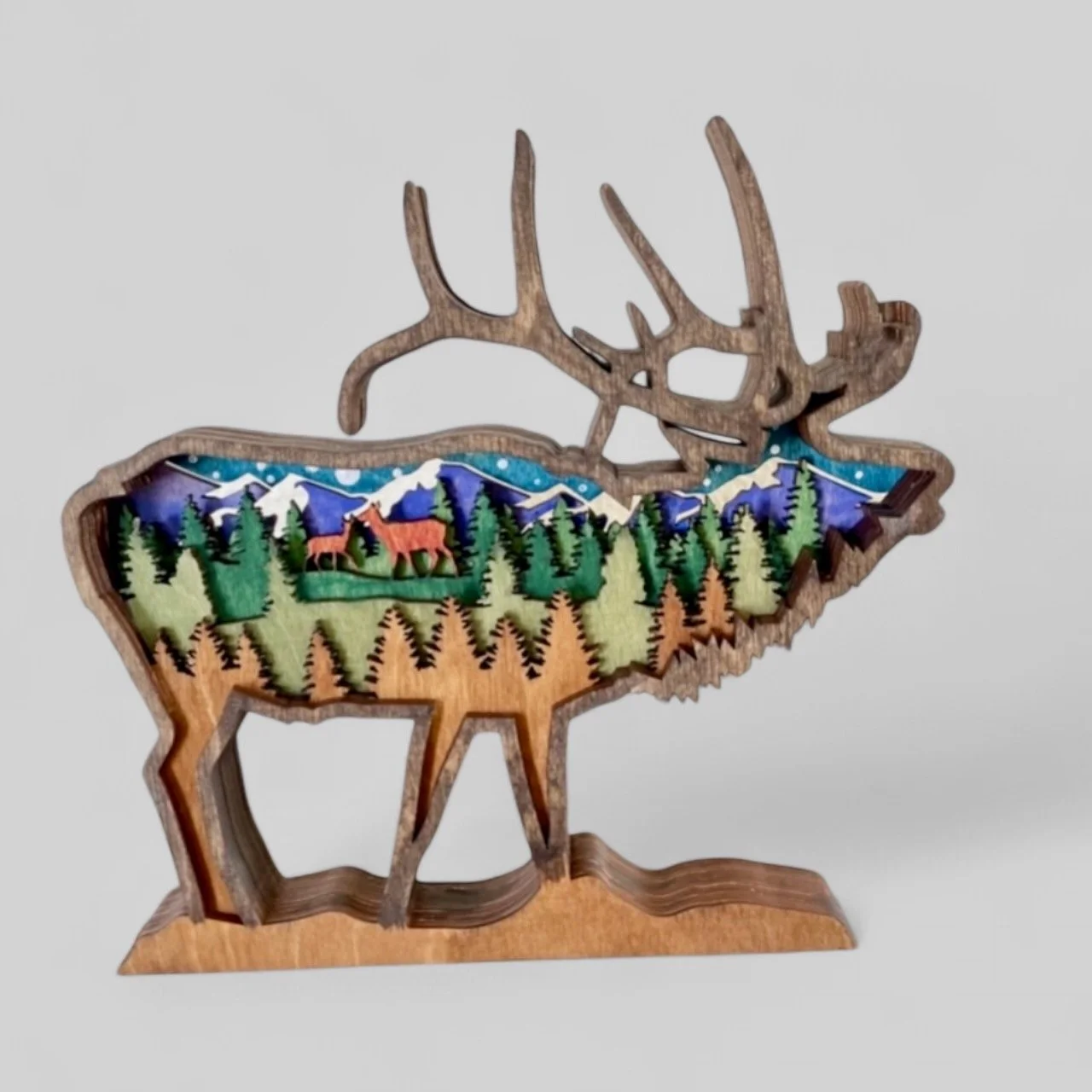 Scenic Mountain Elk Layered Wood Art. Customizable, available in two sizes.