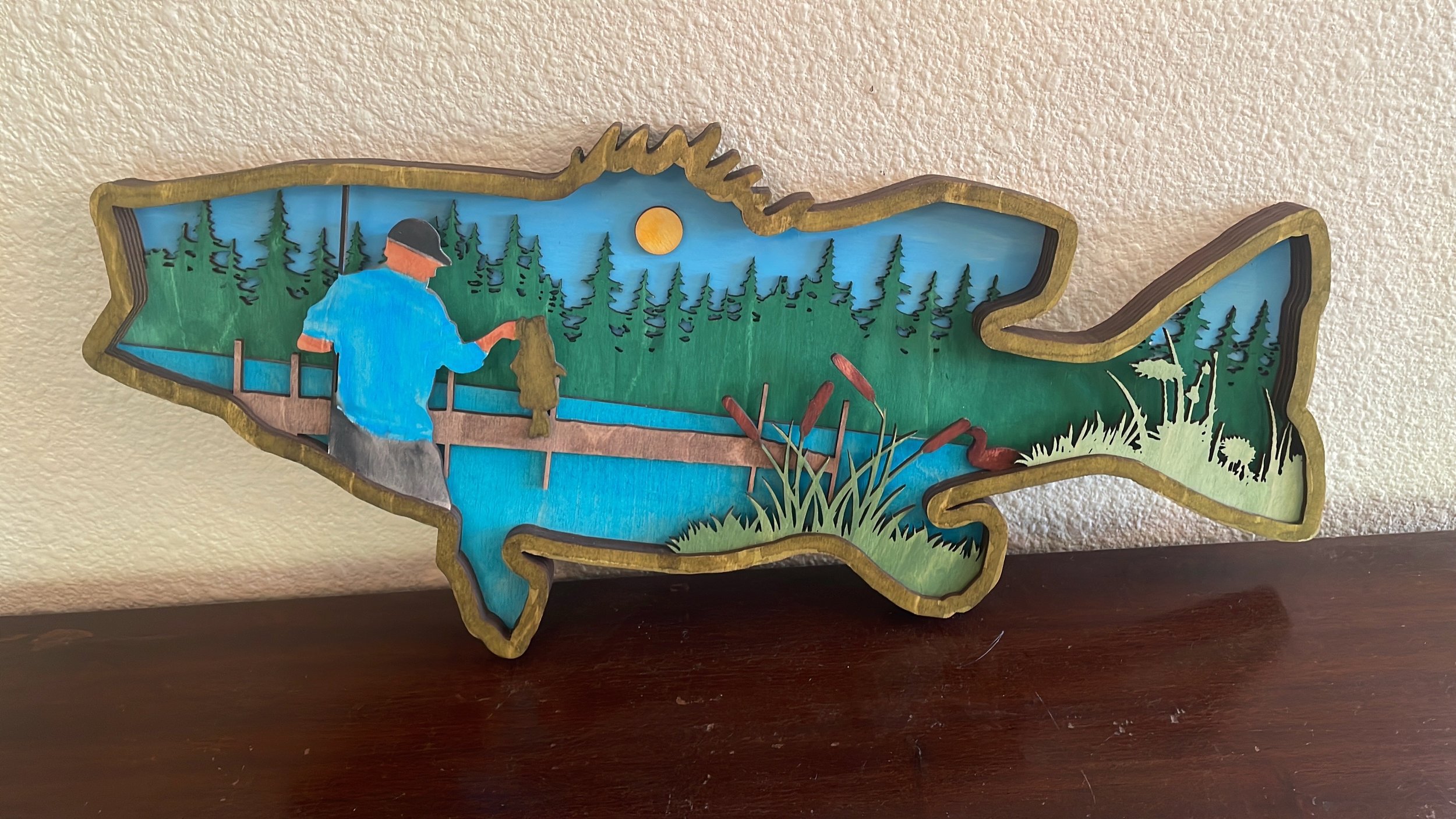 Fisherman's Scenic Lake Layered Wood Art. Customizable, available in Two Sizes.