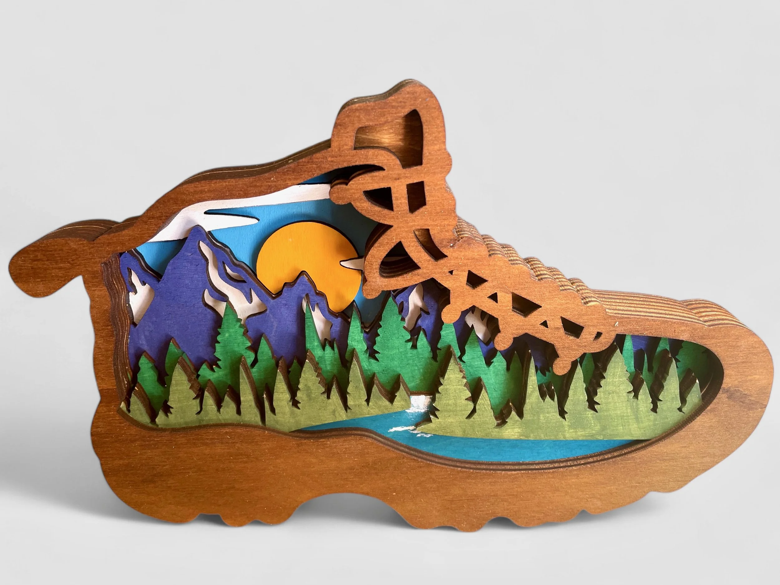 Scenic Hiking Boot Layered Wood Art. Available in two sizes.      