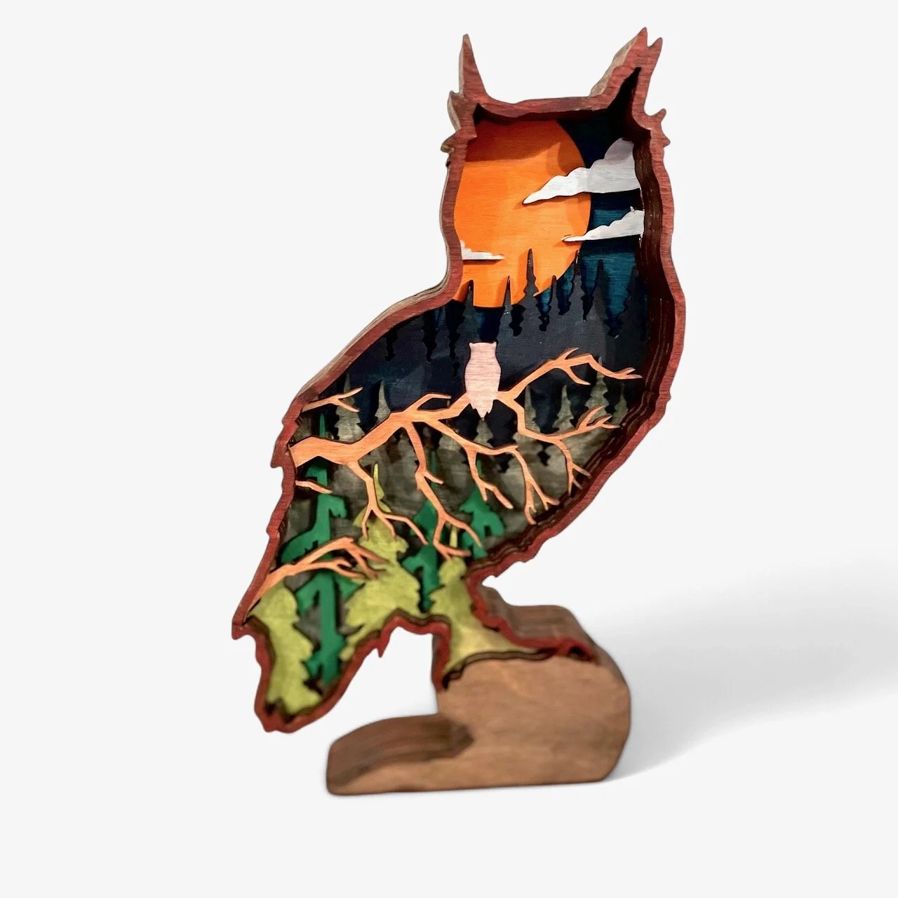 Harvest Moon Owl Layered Wood Art. Customizable, available in two sizes.
