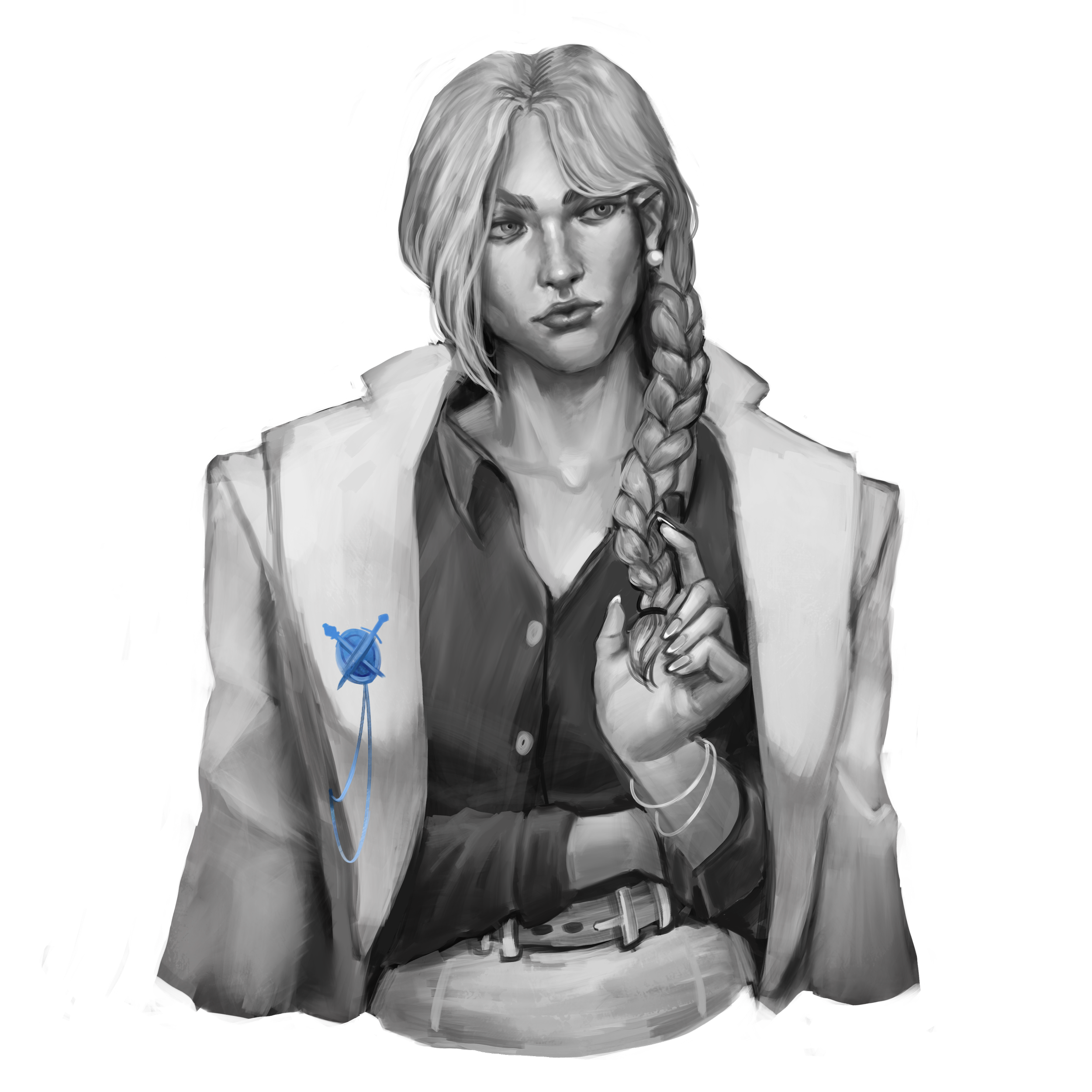 Black and white digital illustration of a woman with long braided hair, wearing a dark shirt and a light blazer with a blue balloon pin, holding a strand of her hair with one hand and the other hand resting on her waist.