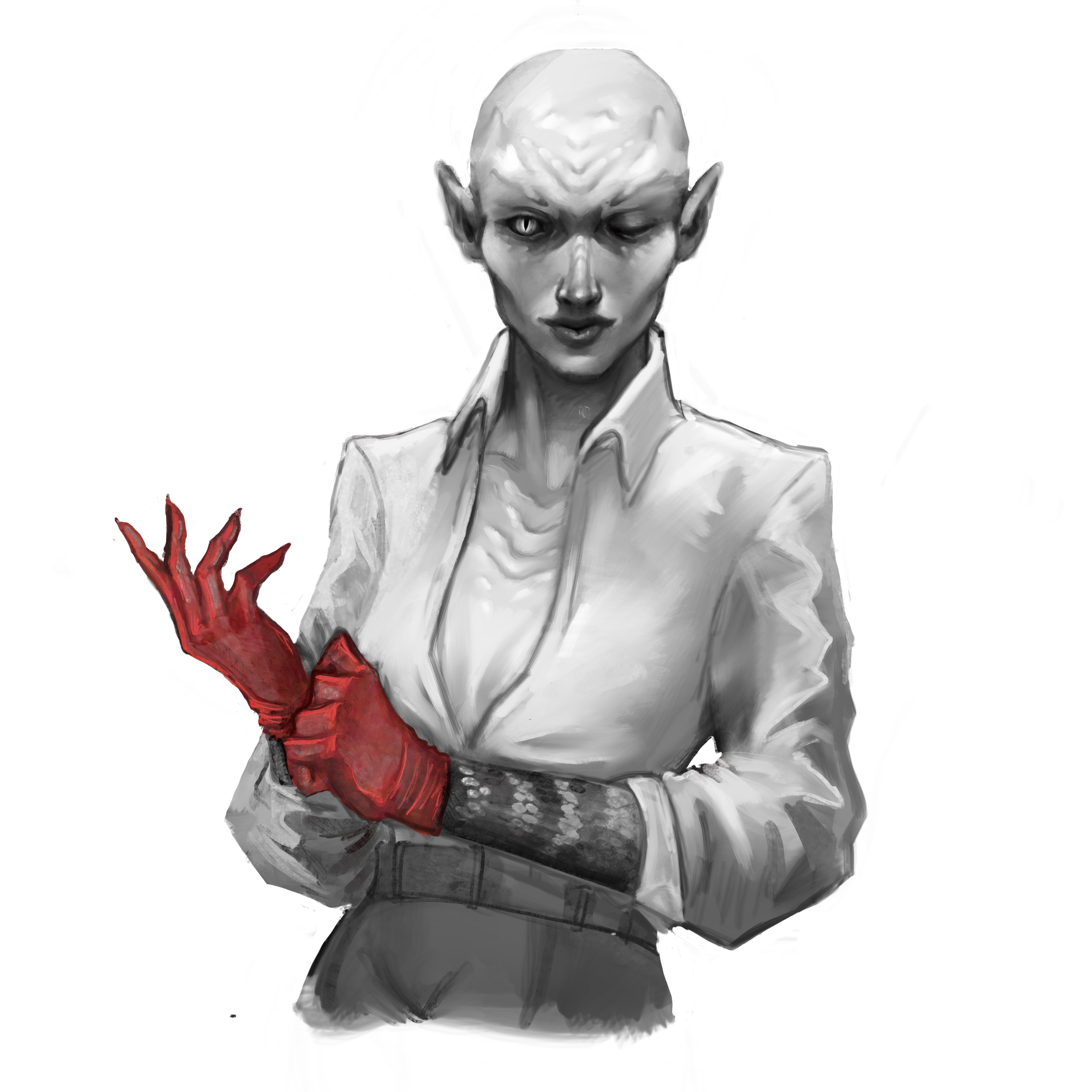 A monochrome digital portrait of a humanoid alien with pointed ears, bald head, and large eyes, wearing a blazer and a shirt, with one arm crossed and wearing red gloves.