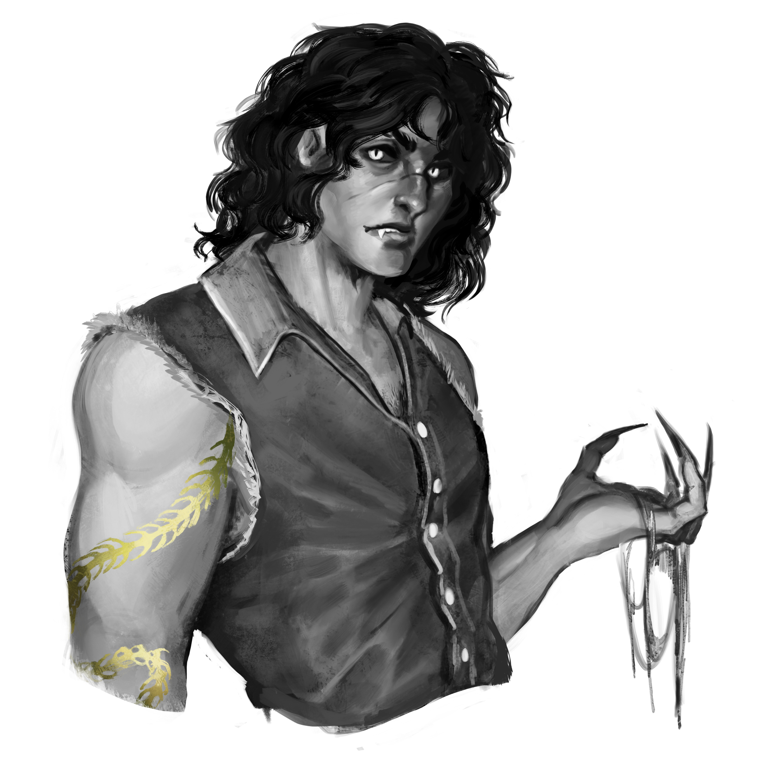 A black and white digital drawing of a person with long, wavy hair, sharp teeth, and an intense expression, wearing a sleeveless denim vest and holding a metallic object. They have a gold snake tattoo on their arm.