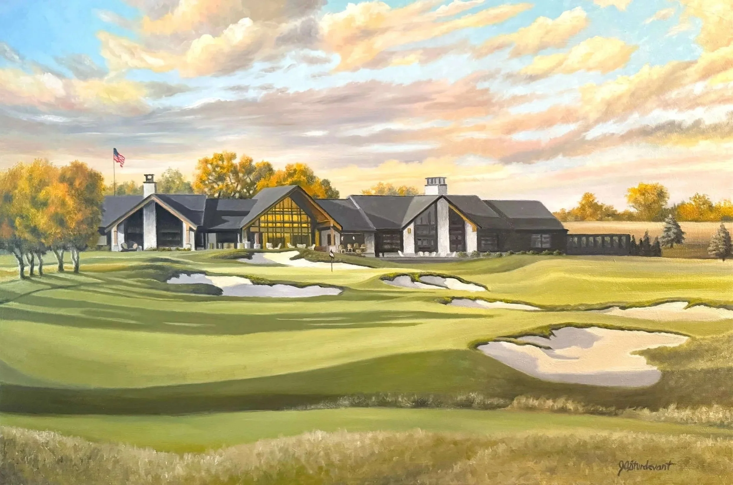 Painting of a golf course with sand traps and green fairways in front of a large clubhouse with modern architecture and large glass windows, under a colorful sky.