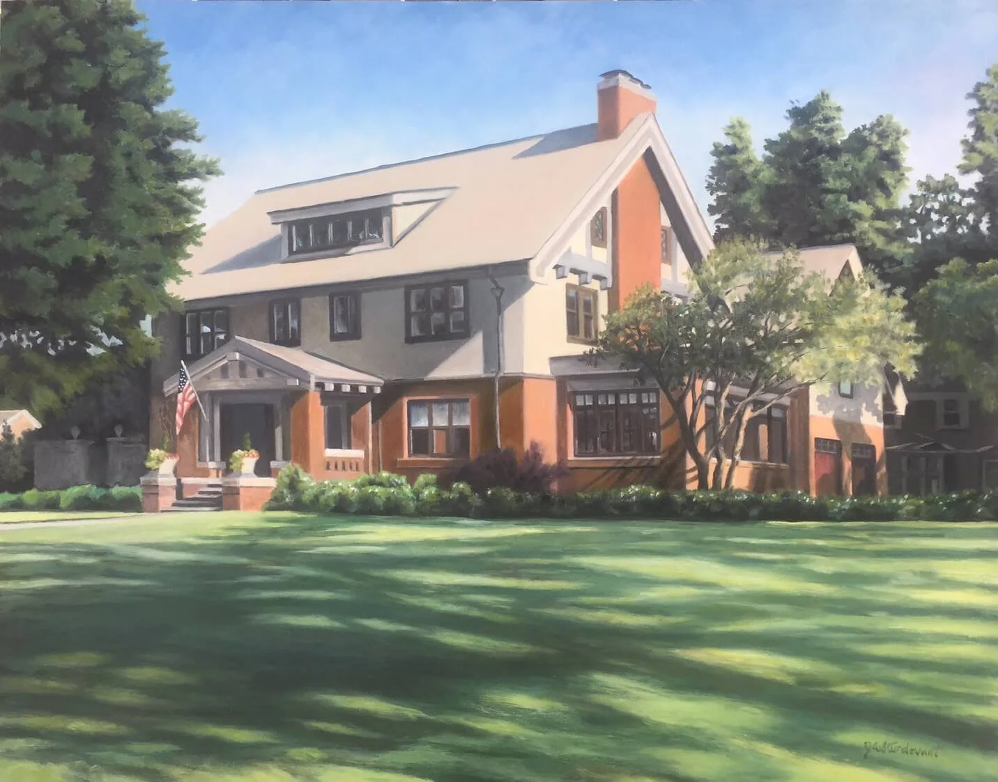 Painting of a large house with a front porch, red brick accents, and multiple trees in the yard, under a blue sky.