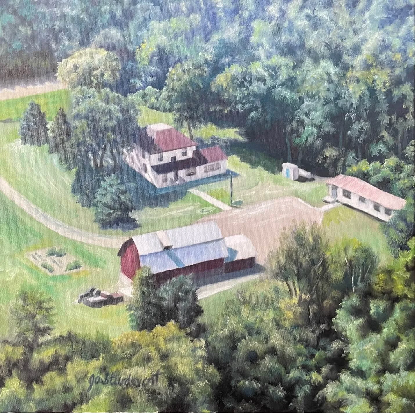 A bird's-eye view painting of a rural farm with a house, barn, smaller buildings, and surrounding trees and greenery.