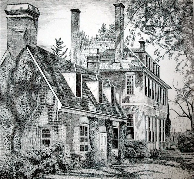Black and white sketch of a large, historic brick house with multiple chimneys, large windows, and a covered porch, surrounded by trees.