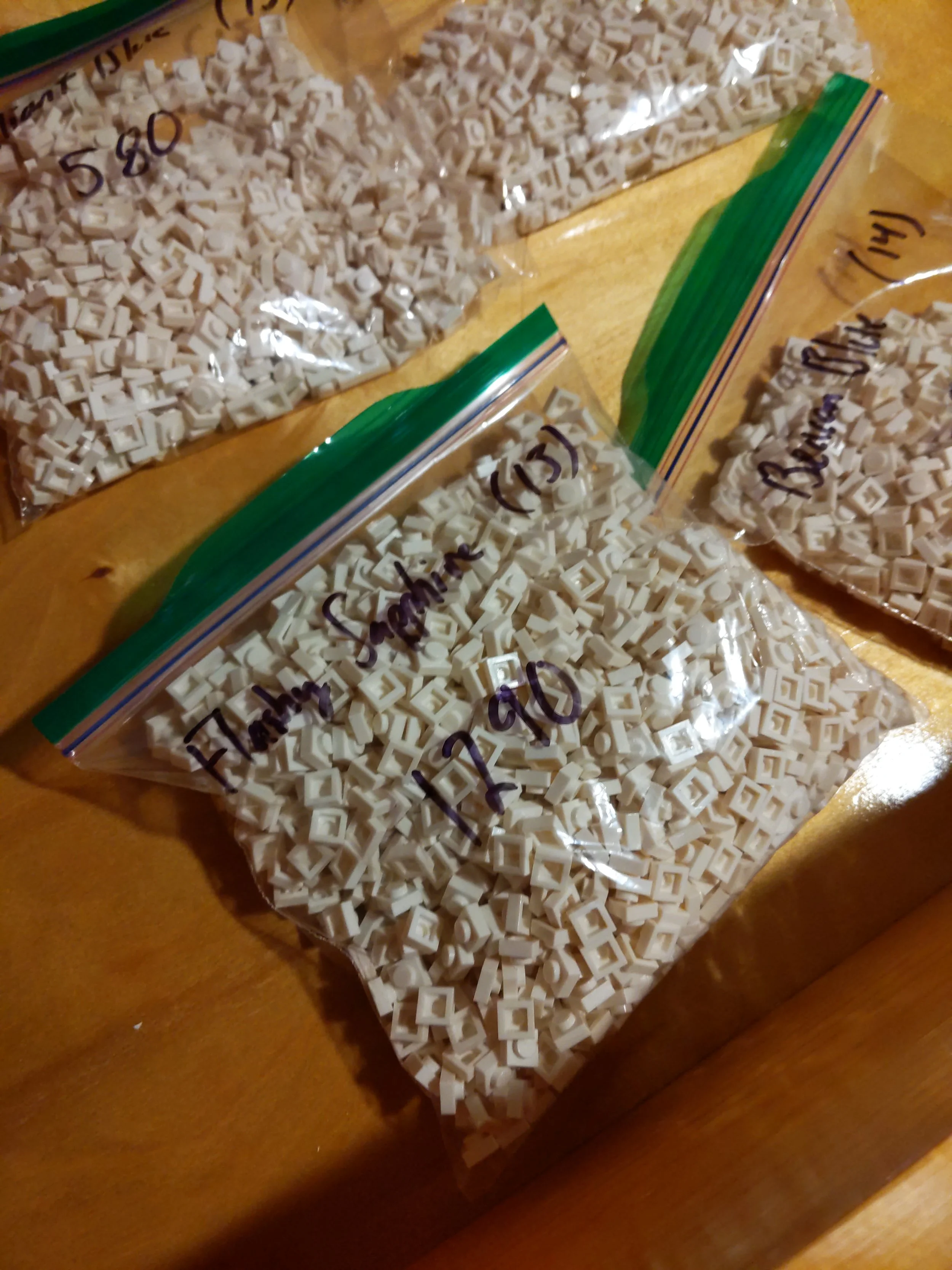 Three plastic zip bags filled with small white plastic electronic components labeled "ESL 15+" on one, "Elekt. Laden" on another, and "Backpack" on the third, placed on a wooden surface.