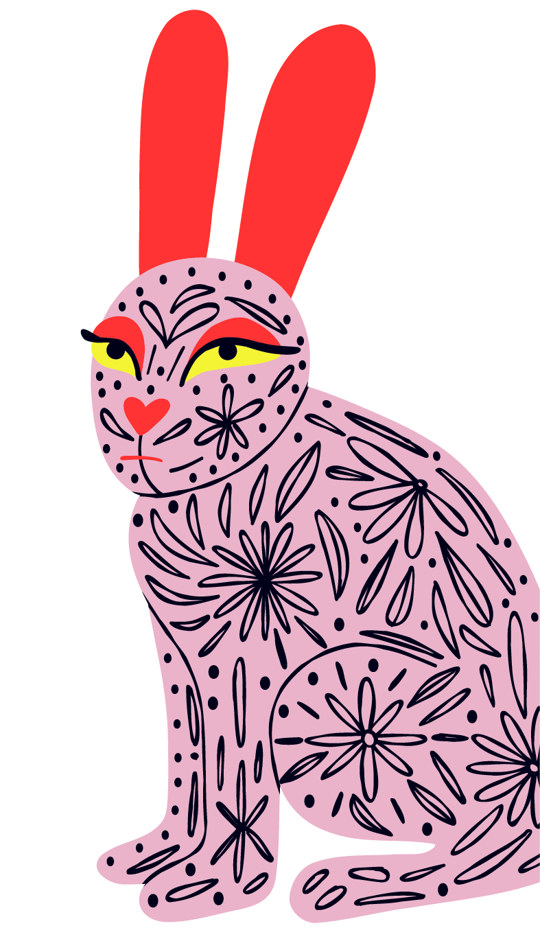 Stylized illustration of a rabbit with a pink body decorated with black floral and line patterns, red ears, yellow eyes with black pupils, and a heart-shaped nose.