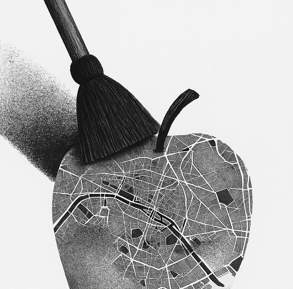 Une illustration en noir et blanc d'une pomme avec un logo de carte routière stylisé à la place de sa surface.