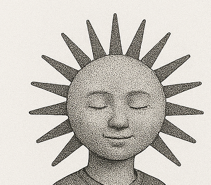 Une sculpture représentant un visage humain avec des rayons solaires autour, évoquant le soleil ou une figure mythologique solaire.