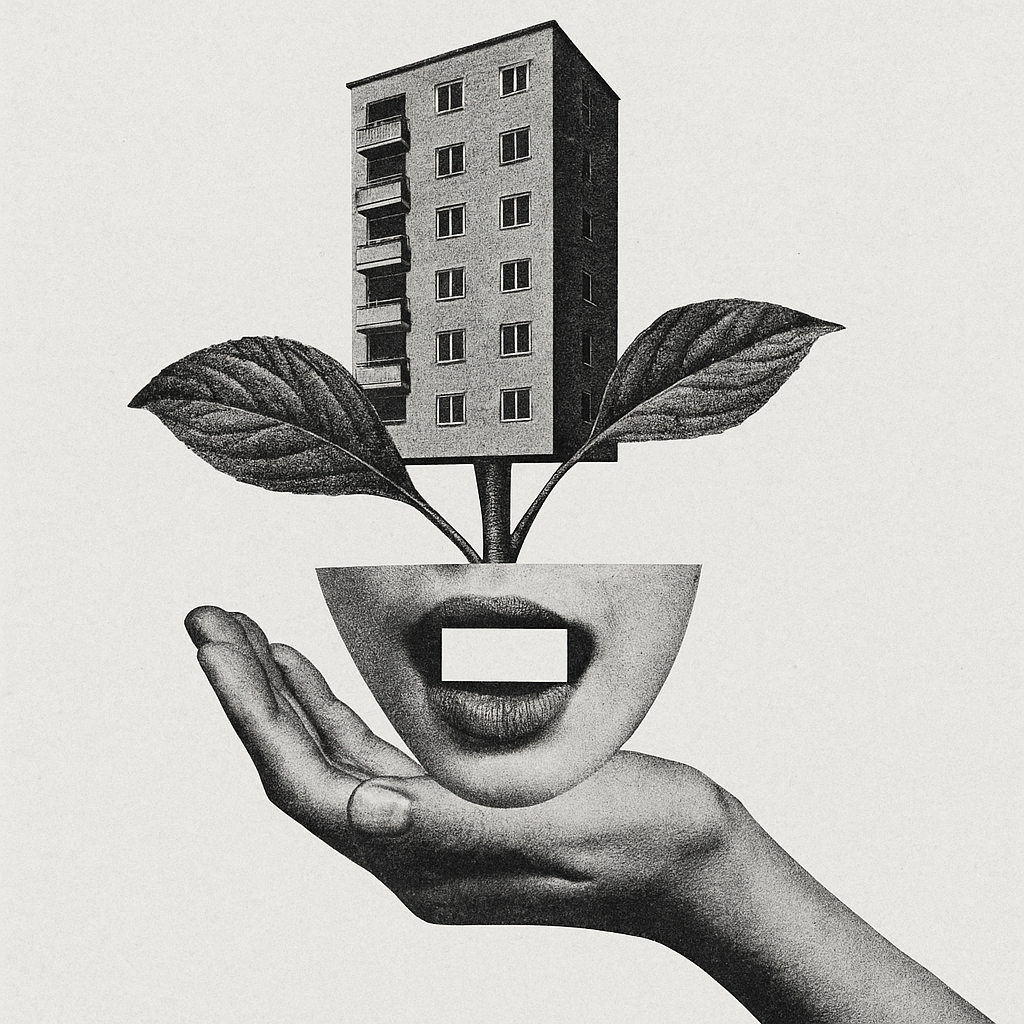Collage surréaliste montrant une main tenant un visage avec une bouche ouverte, une plante avec des feuilles, et un bâtiment résidentiel en forme de rectangle avec plusieurs fenêtres.