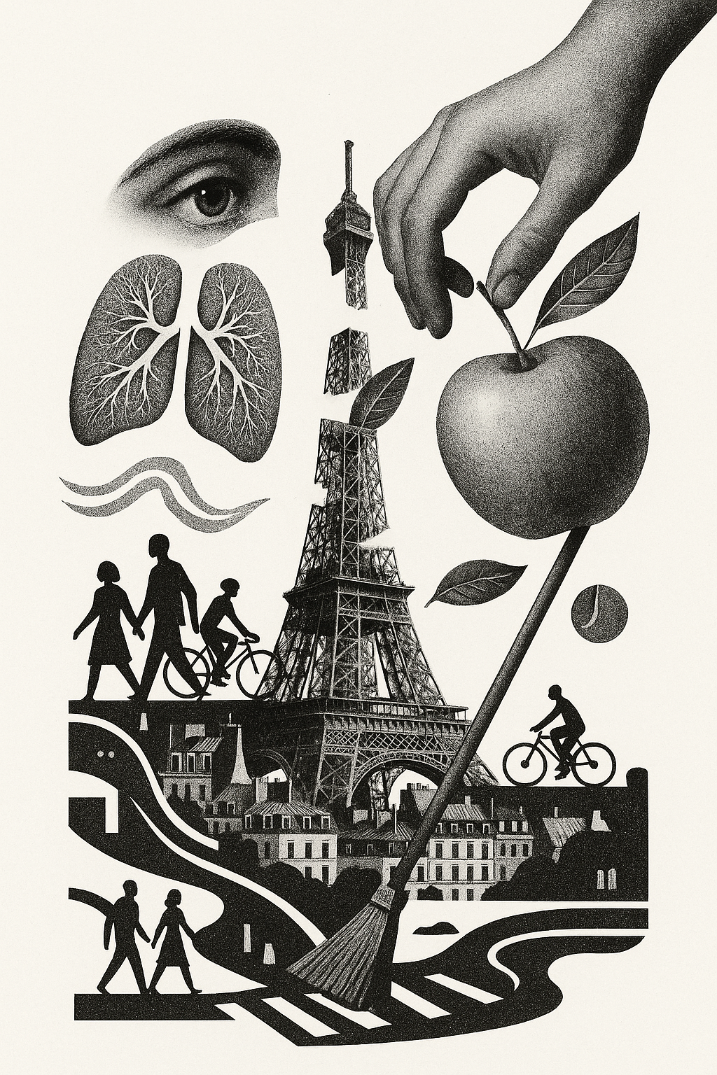 Montage artistique en noir et blanc comprenant un œil, des poumons, un visage, la tour Eiffel, une main déposé une pomme, des feuilles, des silhouettes de personnes faisant du vélo, et une route.
