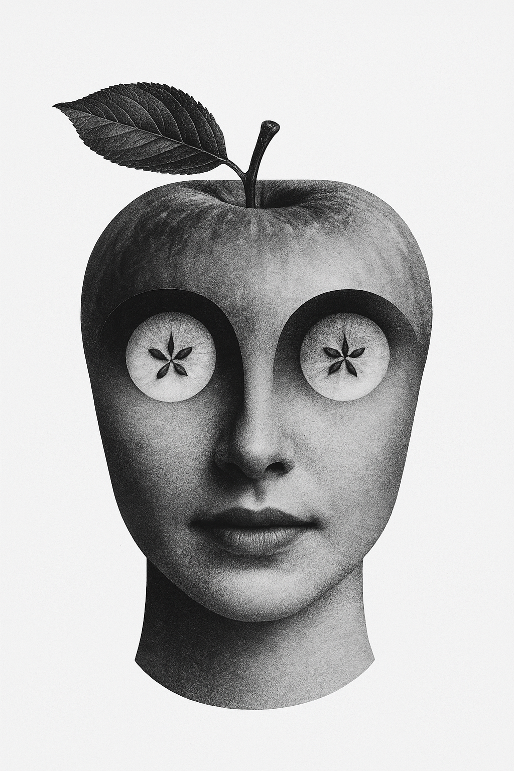 Une composition artistique en noir et blanc d'une face humaine avec un corps de pomme, dont les yeux sont remplacés par des tranches de pomme.