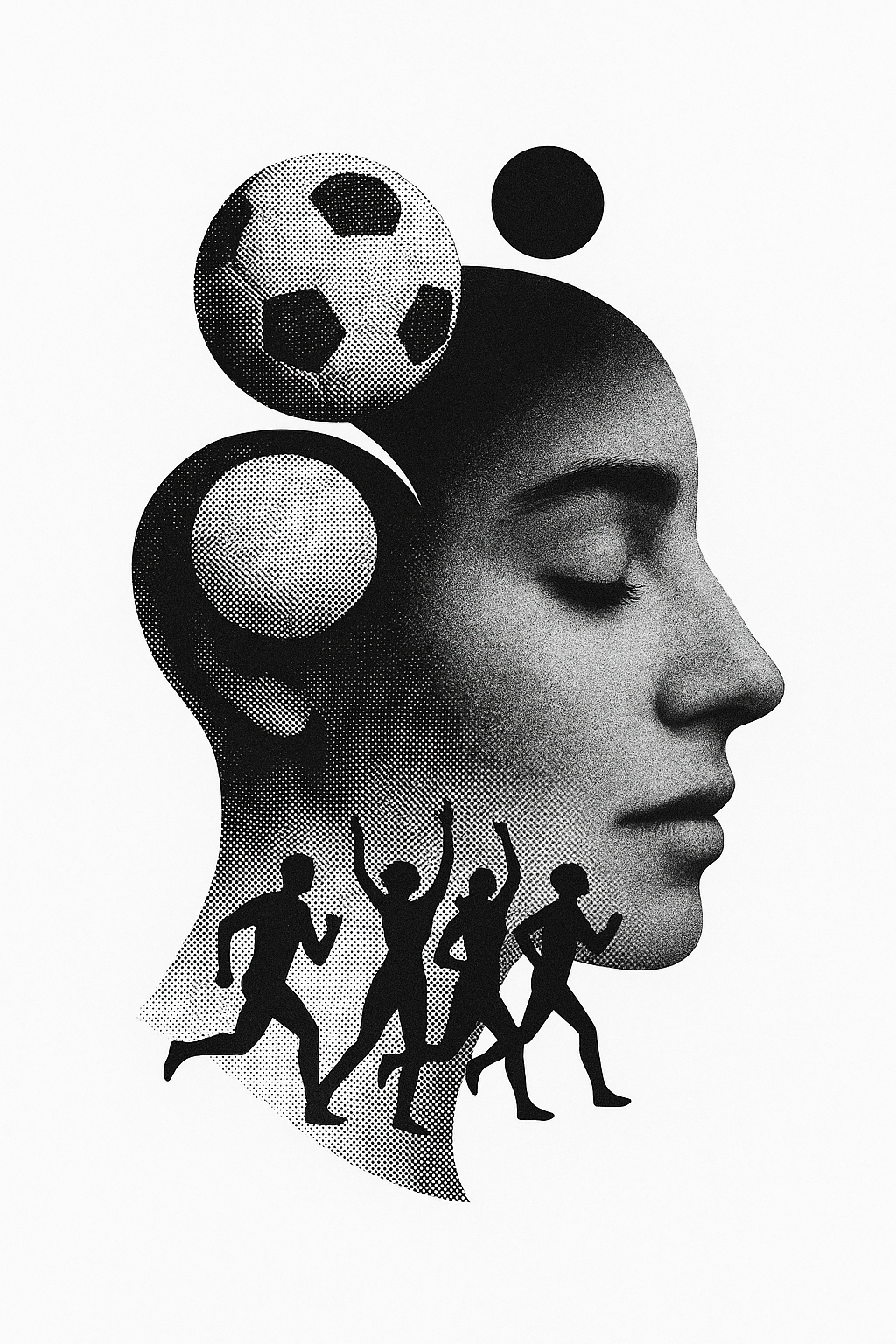 Photo artistique en noir et blanc montrant une silhouette de visage de profil de femme avec des éléments sportifs, dont une balle de football, une montre, et des silhouettes de personnes en train de courir en bas.