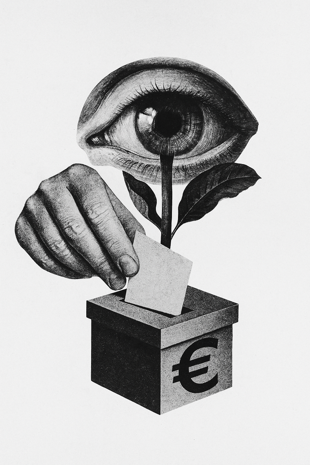Une main insère une carte dans une boîte de vote portant un symbole d'euro, avec un œil géant dans une fleur au centre de l'image.