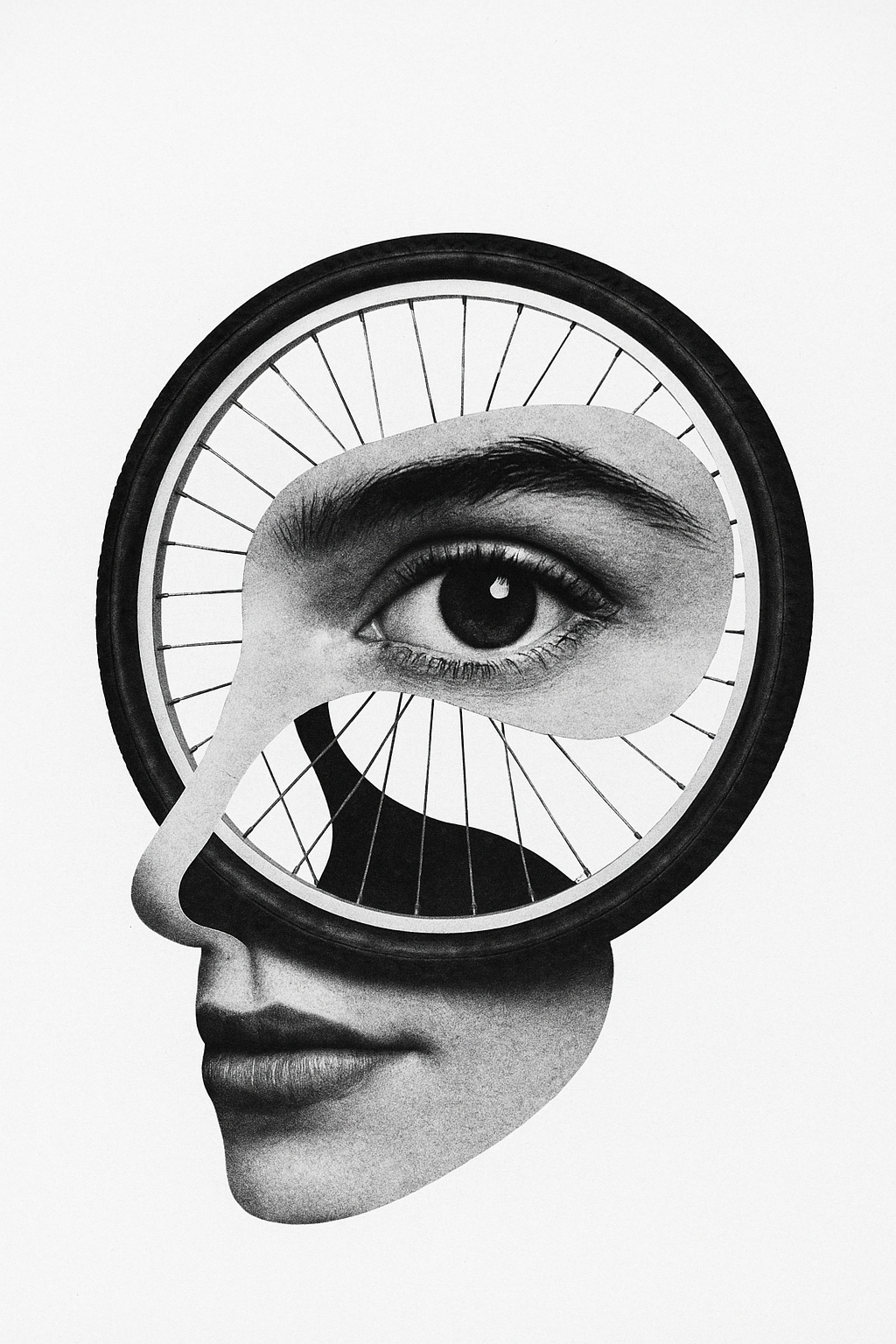 Une image en noir et blanc représentant une tête humaine, avec une roue de vélo superposée sur la partie supérieure du visage. Un collage inclut un œil au centre de la roue, créant un effet surréaliste.