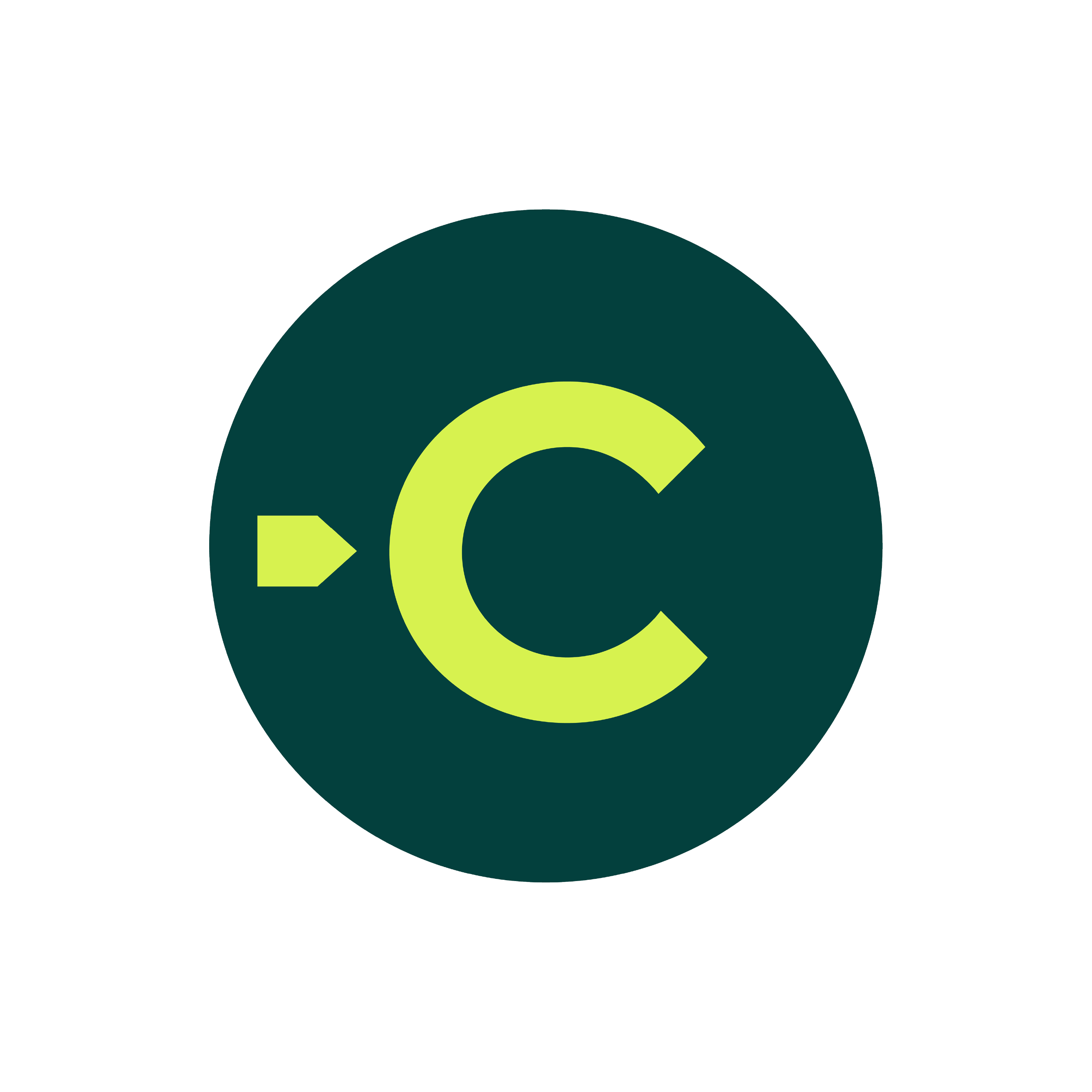 Dark green circle with a yellow arrow pointing towards a large yellow letter C.