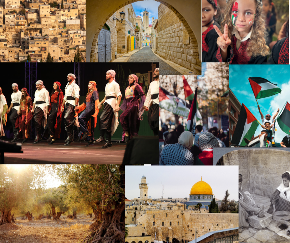 Collage of cultural scenes including people in traditional dress performing a dance, children and adults with face paint, a protest with Palestinian flags, historic architecture from Middle Eastern cities, and an outdoor market or street scene with trees and buildings.