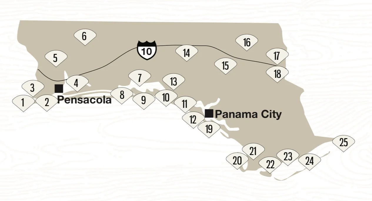 Map of the state of Florida showing major highways and cities, including Pensacola and Panama City, with numbered points marking various locations.