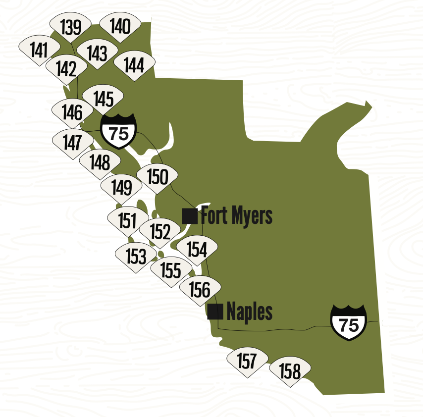Map of Florida showing junctions with U.S. Route 75, highlighting cities Fort Myers and Naples.