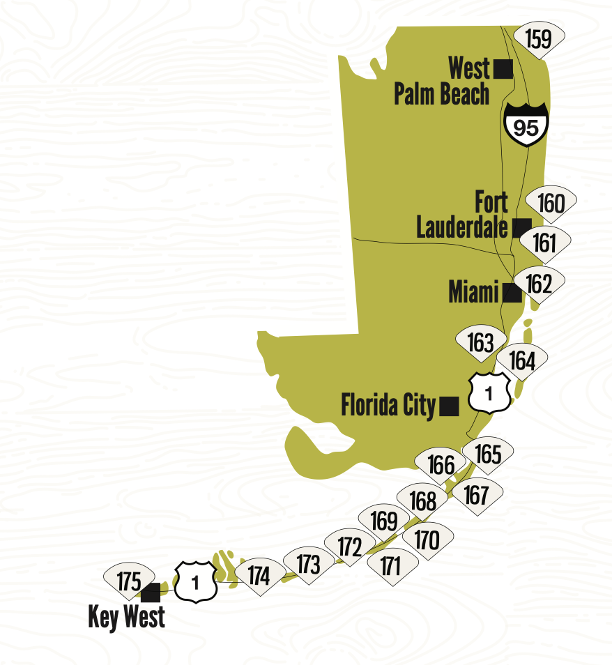 Map of South Florida showing the Florida Turnpike and major cities including Key West, Florida City, Miami, Fort Lauderdale, and West Palm Beach.