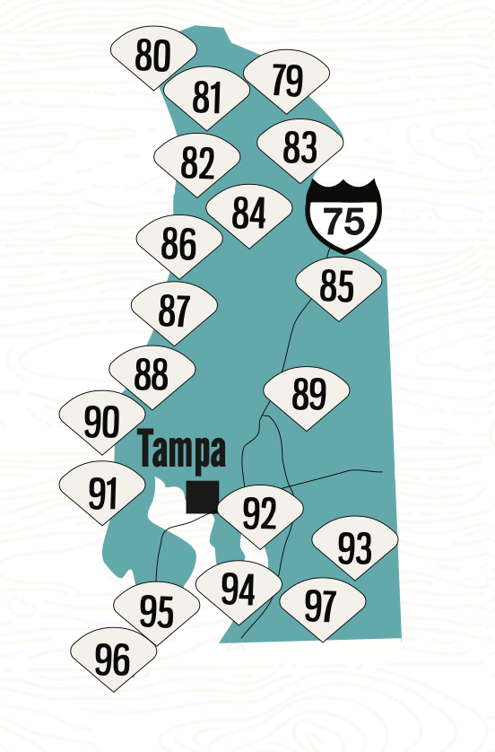 Map of Florida showing highway numbers with Tampa marked by a black square, and highways numbered 75, 79, 80, 81, 82, 83, 84, 85, 86, 87, 88, 89, 90, 91, 92, 93, 94, 95, 96, and 97.