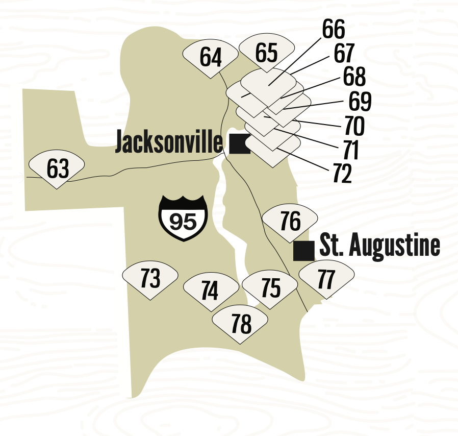 Map of Jacksonville, Florida showing numbered regions and highways including Interstate 95, with labels for St. Augustine and Jacksonville.