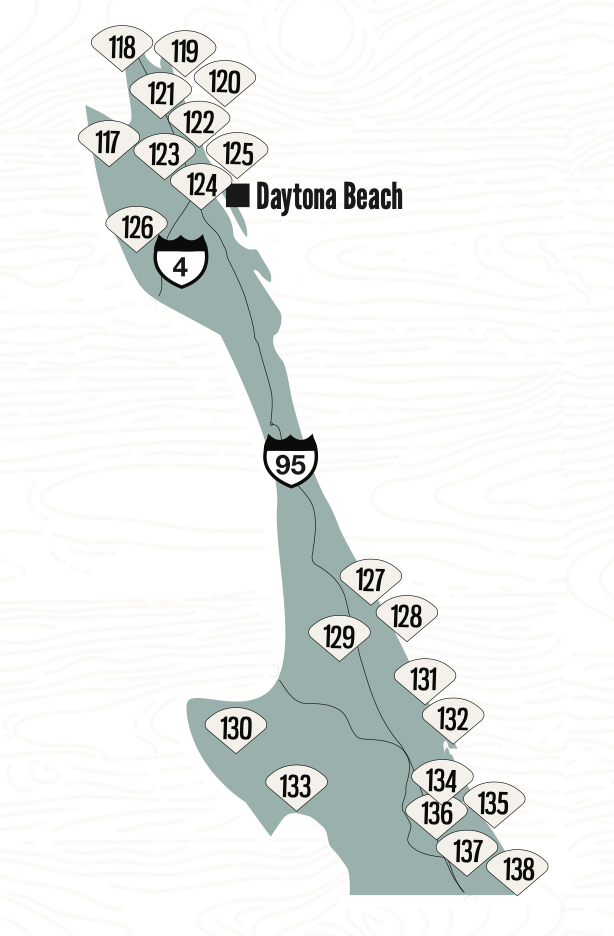 Map of Daytona Beach shoreline with numbered beach access points, highways, and landmarks labeled.