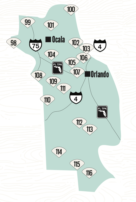 Map showing roads and locations in Orange County, Florida, with labels for Ocala and Orlando. Major highways I-75 and US-4 are marked, along with various numbered roads and areas.