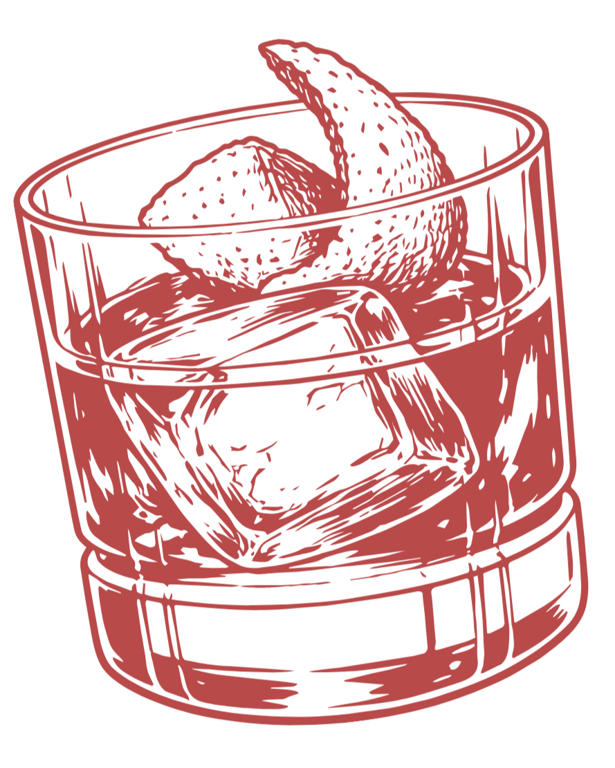 Drawing of a glass filled with whiskey and ice cubes, with strawberry slices inside.