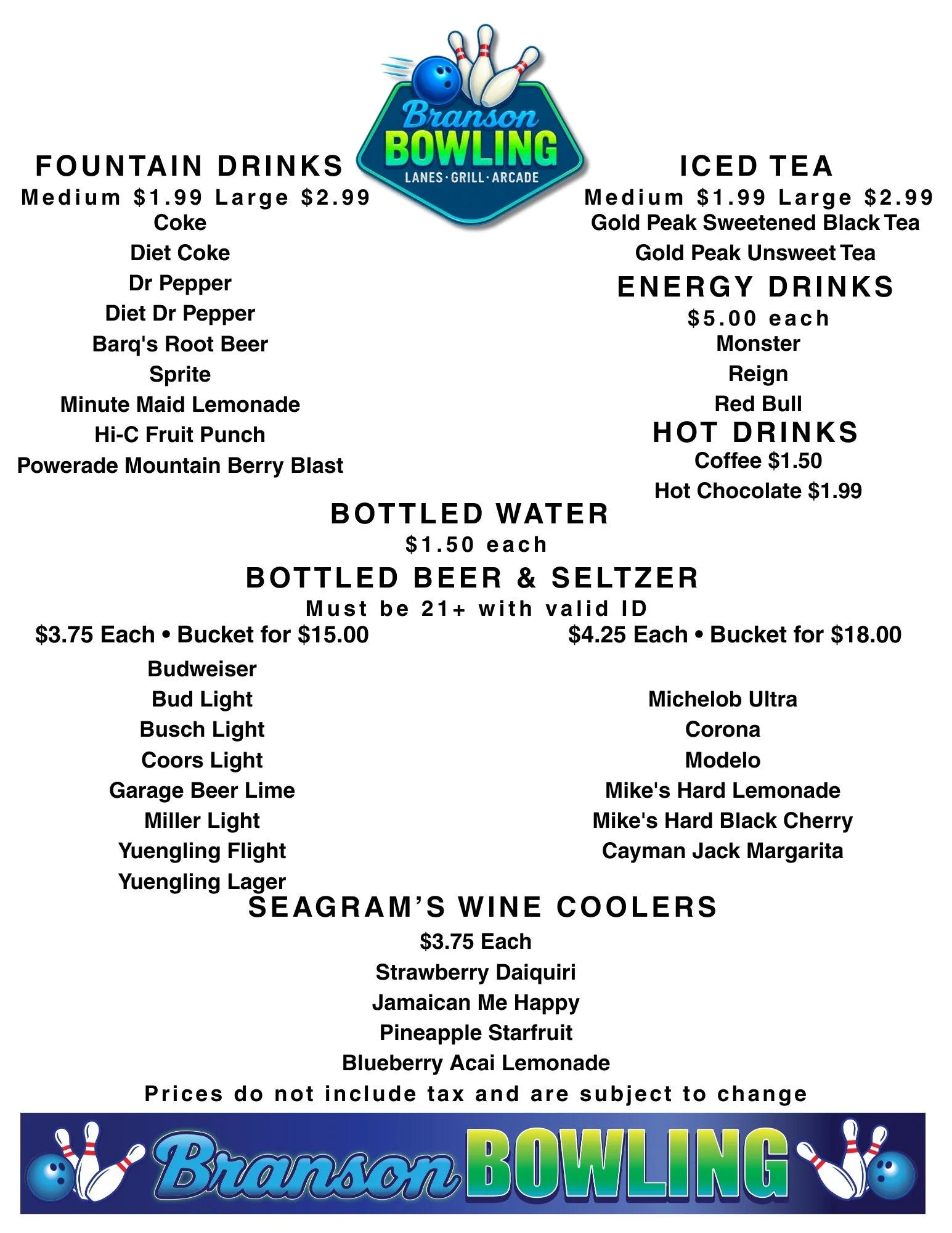 Menu at Branson Bowling listing fountain drinks, iced tea, energy drinks, hot drinks, bottled water, bottled beer and seltzer, and Seagram's wine coolers with prices and options.