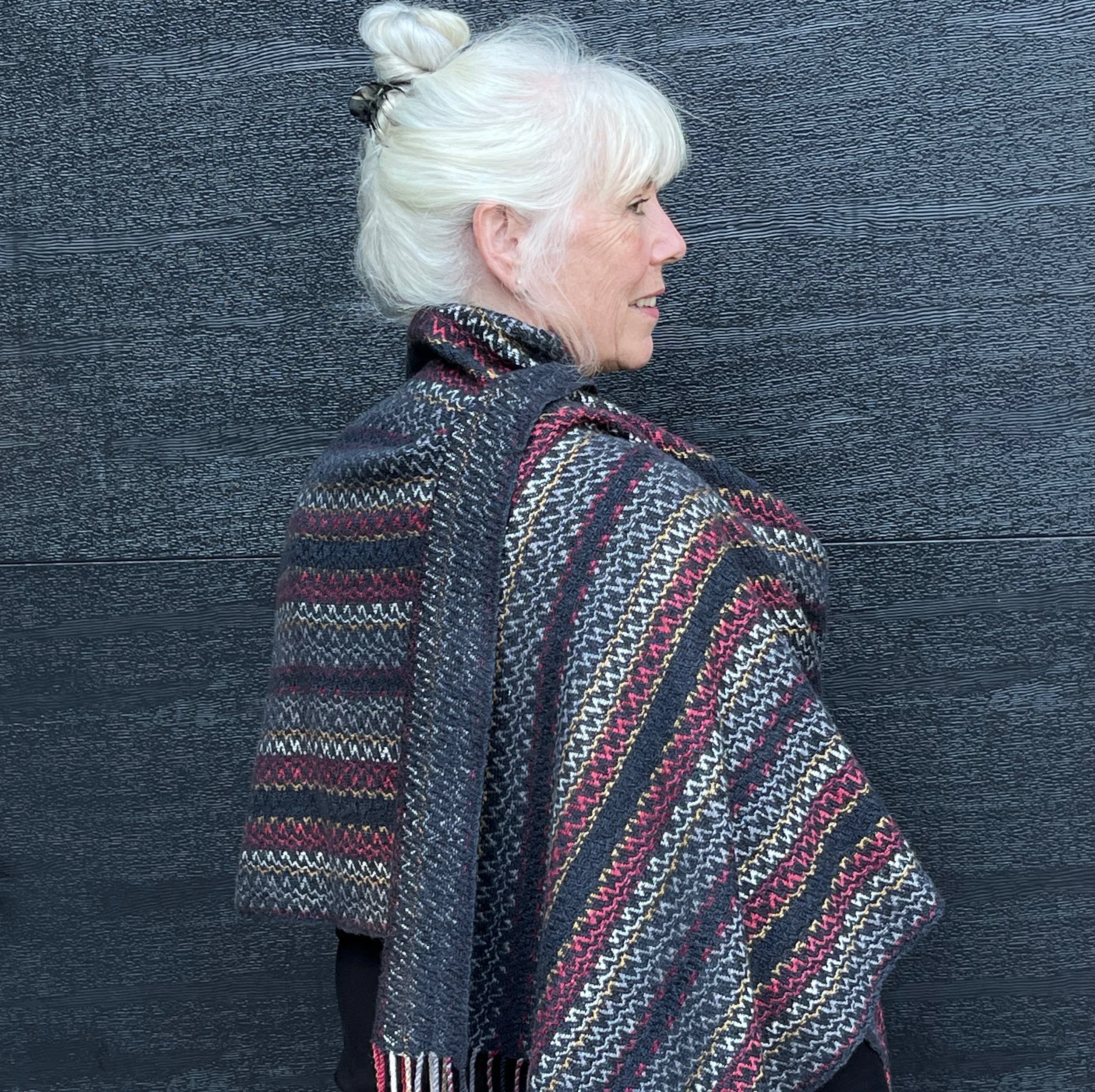 Woven in a 50% silk/50% wool combo called Zephyr, this is a long and luxurious shawl