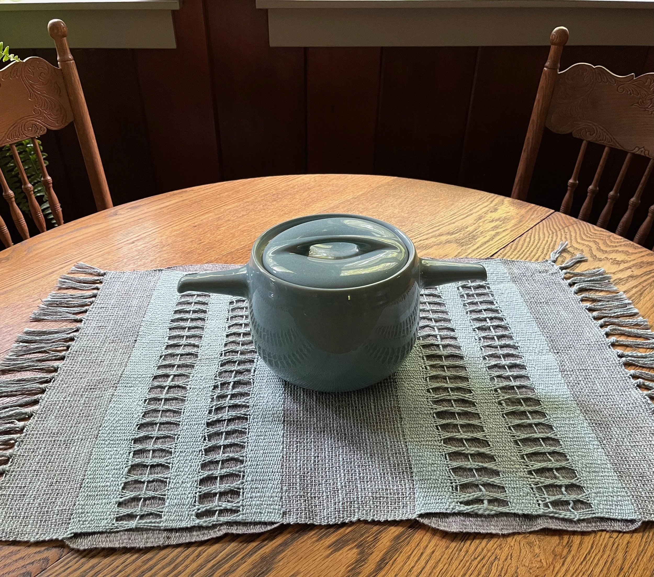 Table runner woven to match color of rare Raymor bean pot