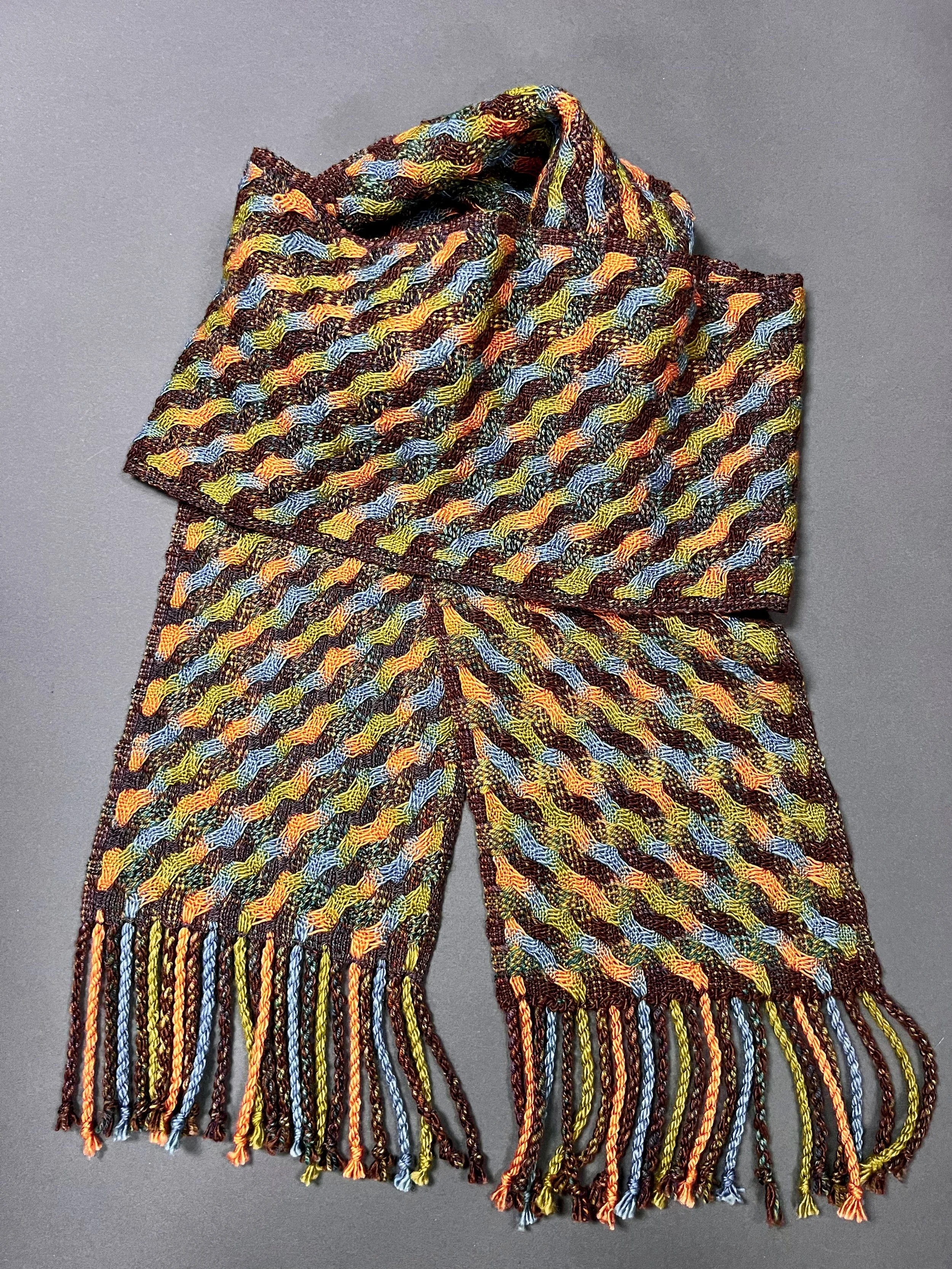 70% wool/30% silk blend in a 4-color stairstep pattern