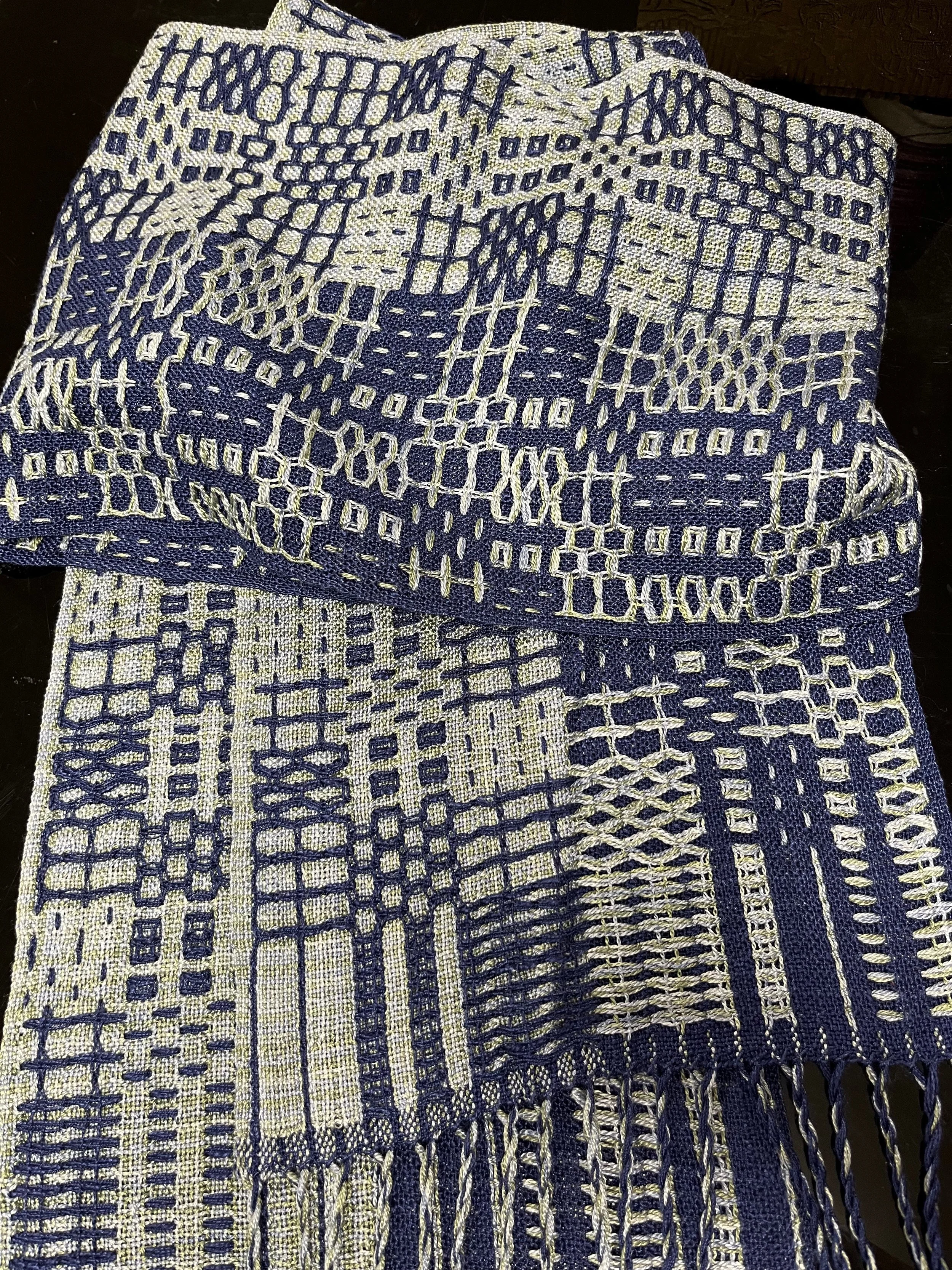 Hand-painted pale blue silk is woven opposite a navy background in this complex deflected doublweave