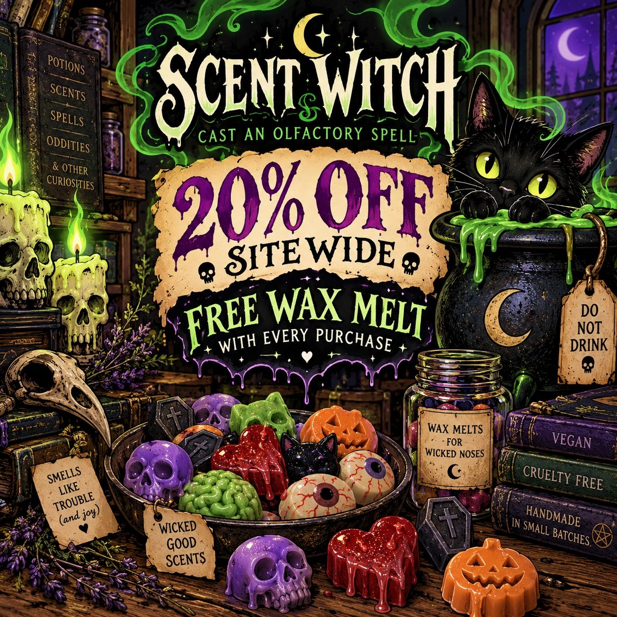 Scent Witch is back, Labor Day Sale is live, and get a free spooky wax melt with every order! 
#gothaf #scentwitch #scentwitchery
#indiebrand #waxmelts