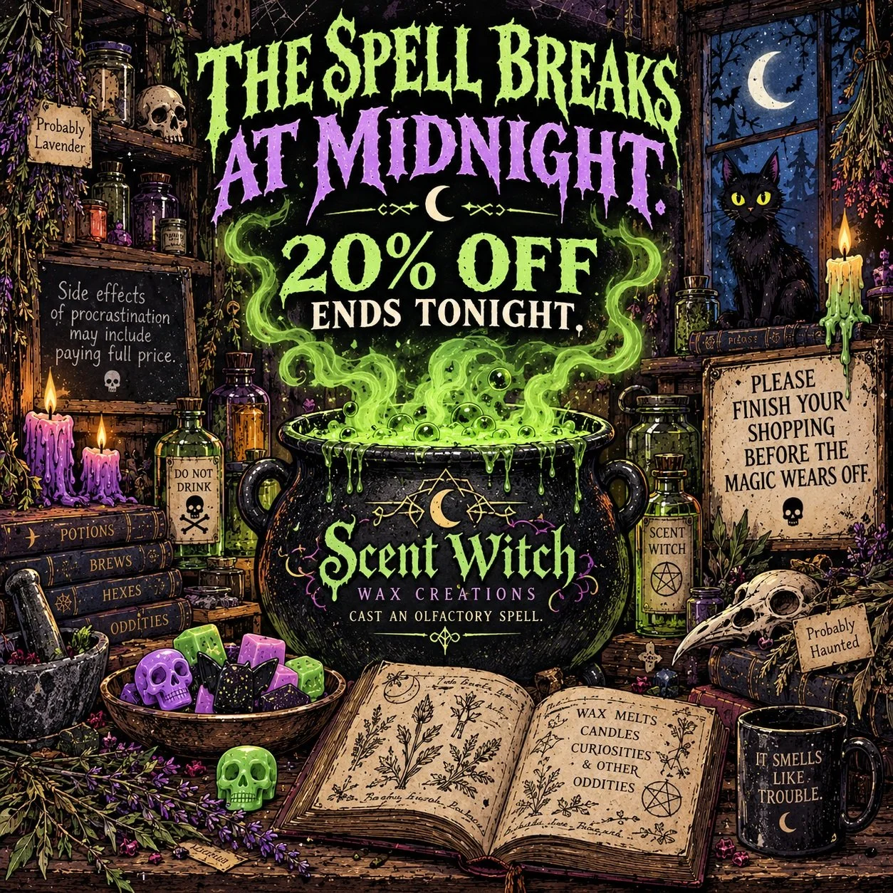 It's the final day to take advantage of 20% off plus receive a free sample wax melt with your order! Grab your spooky goodies now before the magic fades!

#scentwitch #scentwitchery #waxmelts #labordaysale #gothwax